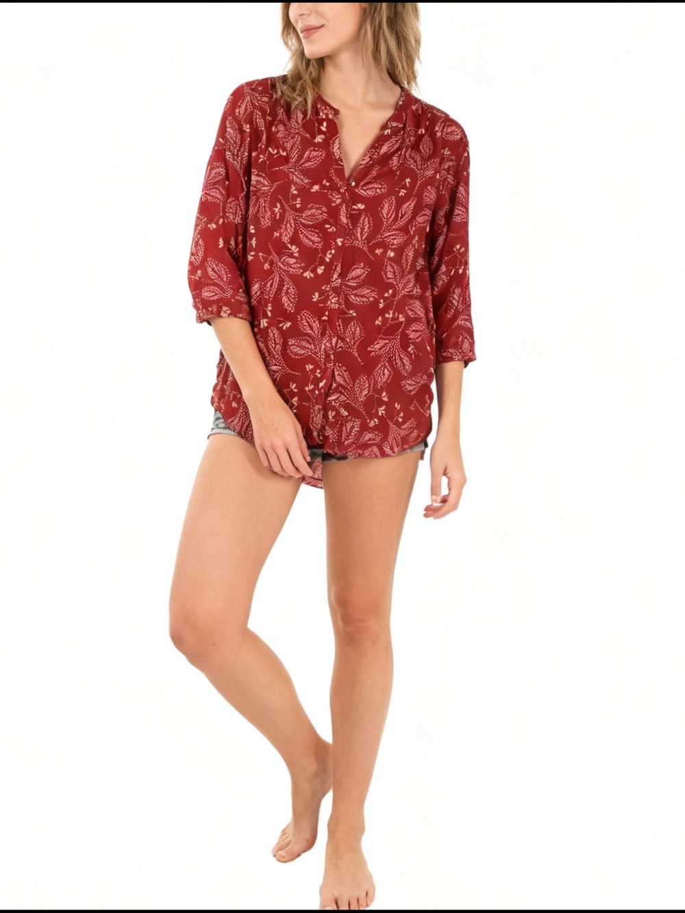 NYDJ Red Leaf Print Pintuck Blouse 3/4 Sleeve Split Neck  Top